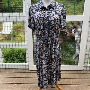 ORVIS Short sleeved floral dress w/pockets, button top, navy, tan, red Womens 16